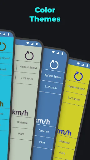 GPS speedometer app with multiple color theme options in magenta, cyan, beige, and yellow