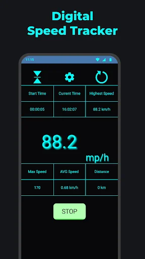 Analog GPS speedometer gauge displaying 63.2 km/h with max speed, average speed, and distance stats