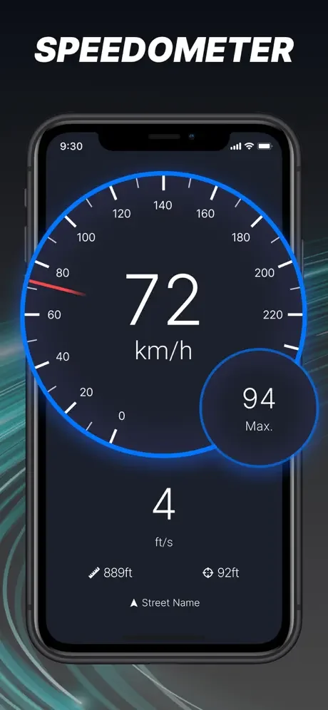 GPS speedometer app displaying real-time speed gauge at 72 km/h with maximum speed tracking and location details