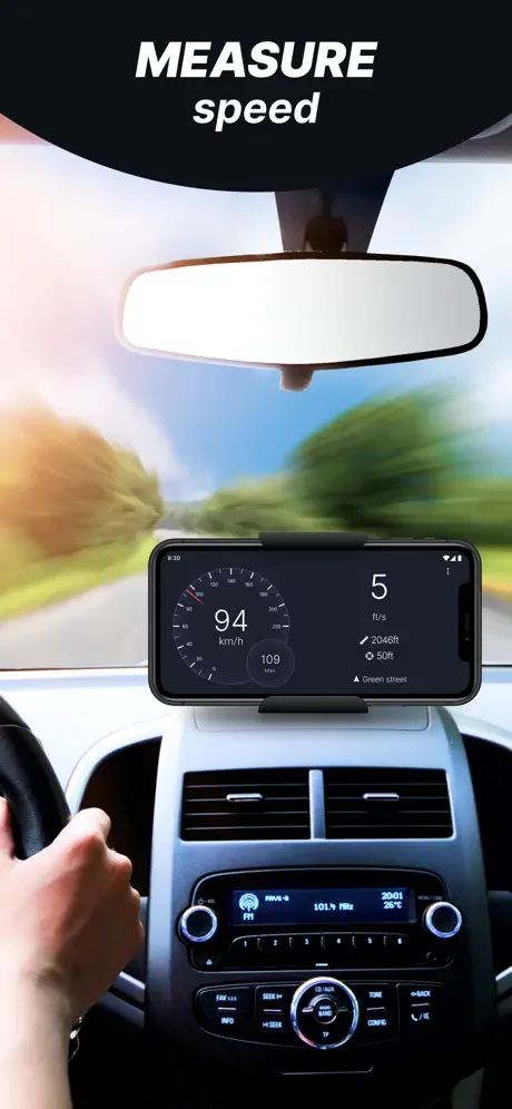 Car speedometer tracking app mounted in vehicle dashboard showing current GPS speed of 94 km/h while driving