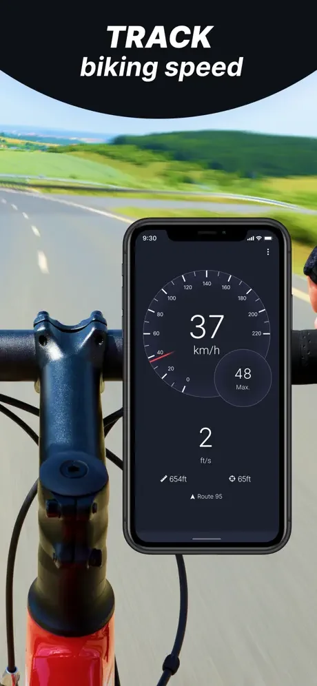 Bicycle speed tracker app mounted on bike handlebars displaying 37 km/h cycling speed with route information