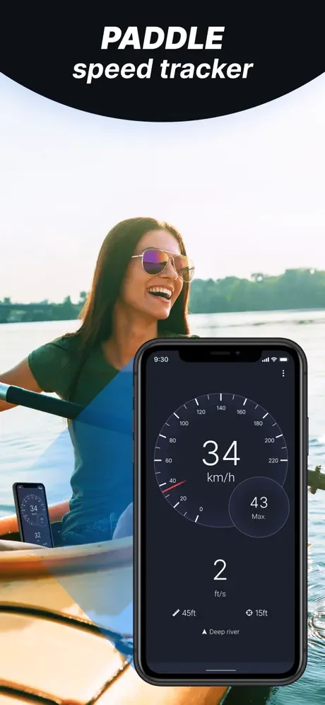 Water sports GPS speed tracker showing kayak paddling speed of 34 km/h with maximum velocity and distance metrics