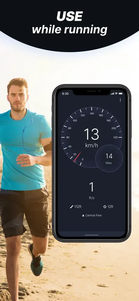 Running speed tracker app displaying real-time jogging pace of 13 km/h with fitness speed monitoring on beach