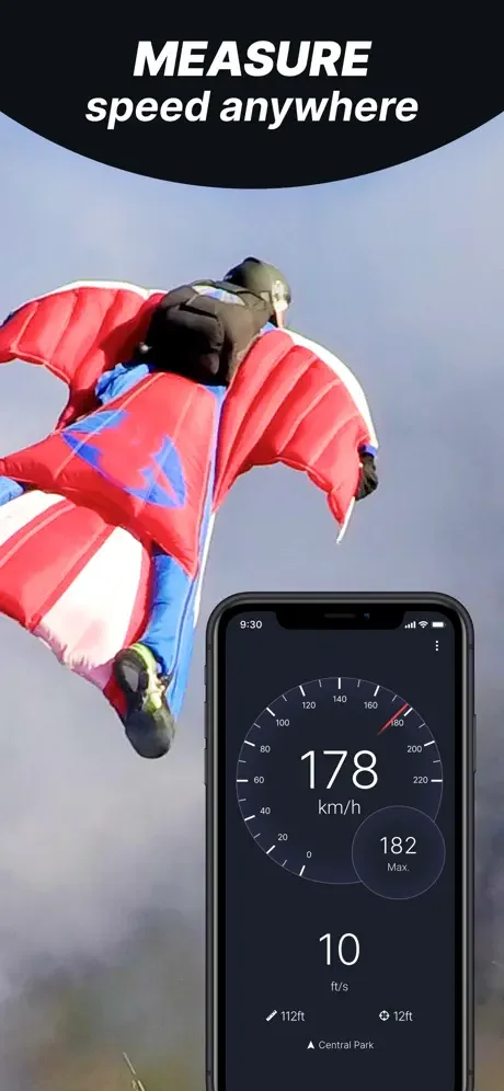 Extreme sports GPS tracker showing skydiving speed of 178 km/h with maximum velocity measurements during freefall