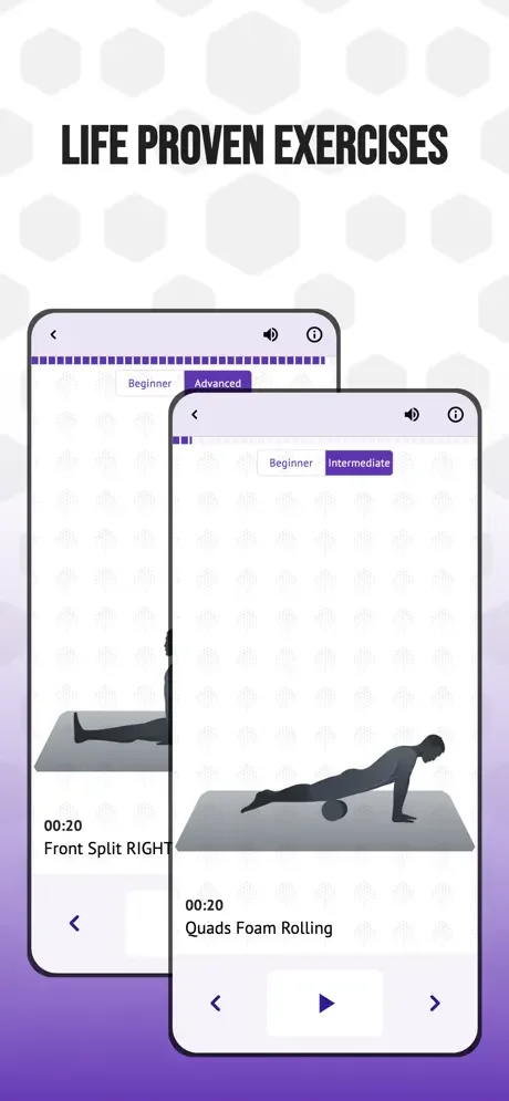 Splits stretching and foam rolling exercise videos with instructions for Front Split RIGHT and Quads