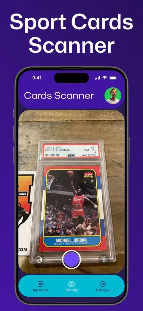 Sports card scanner app interface showing Michael Jordan collectible card scanning with identification feature and collection tracking menu