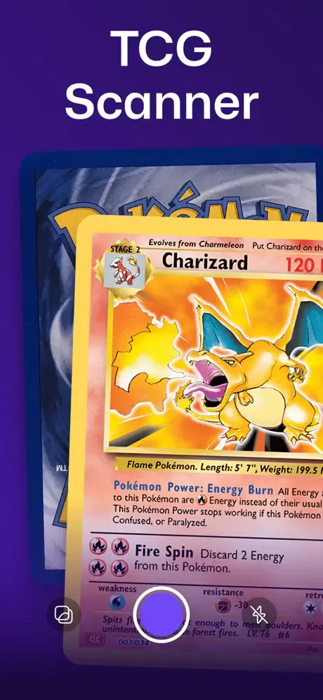 TCG scanner app identifying Charizard Pokémon trading card with game details, evolution info, and card stats displayed