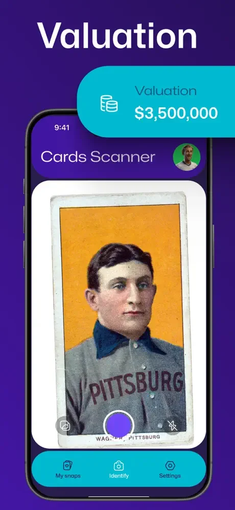 Card valuation feature in sports card scanner app estimating vintage baseball card worth at $3.5 million with pricing assessment