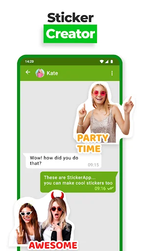 WAStickers chat interface displaying custom party time and awesome stickers with messaging and sharing features