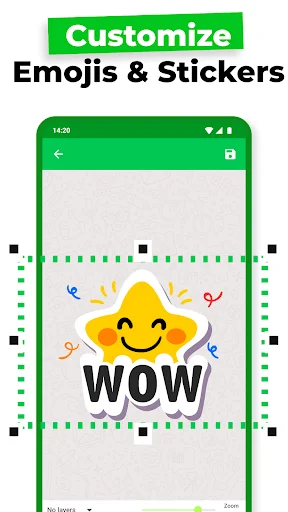 Emoji sticker editor with yellow smiley face WOW text and decorative confetti elements with selection border