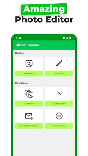 Sticker Creator main menu with create sticker, load draft, my stickers, manage, and VIP support options
