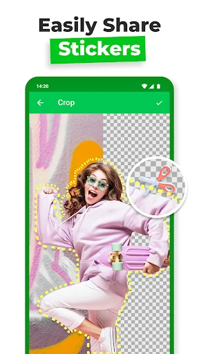 Sticker editor with woman in pink and transparent background for custom sticker creation and image editing