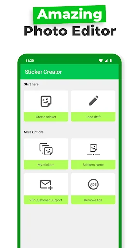 Sticker Creator main menu with create sticker, load draft, my stickers, manage, and VIP support options