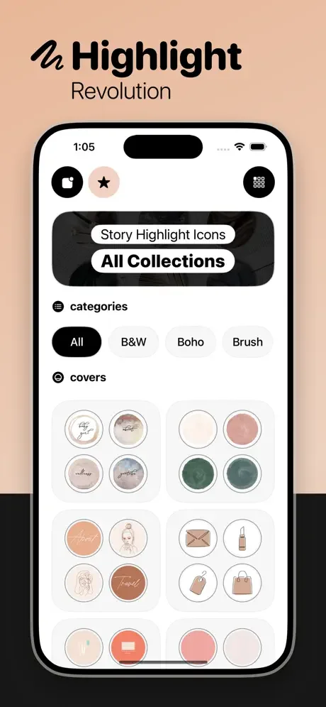 Story highlight icon collections with categories including All, B&W, Boho, and Brush featuring various circular cover designs