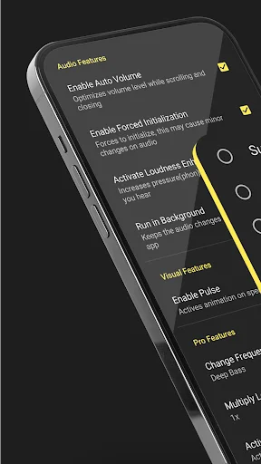 Subwoofer Bass app settings menu showing audio features, forced initialization, loudness control, and background running options
