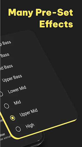 Pre-set bass equalizer effects menu including Deep Bass, Pop Bass, Metal Bass, Upper Bass, and various frequency presets