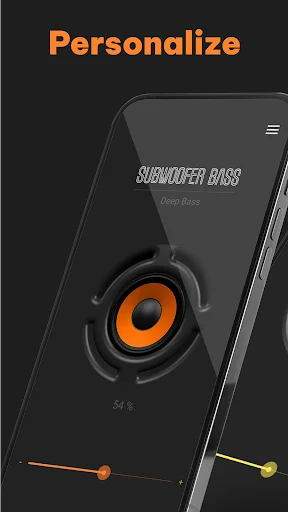 Personalize screen with orange subwoofer speaker icon and frequency sliders for customizing bass sound quality