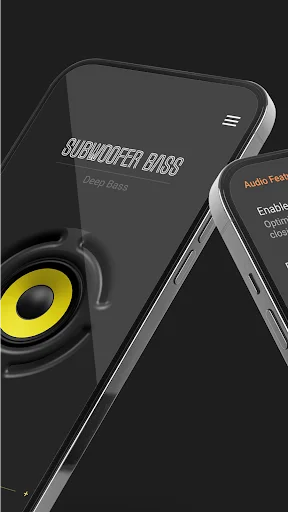 Subwoofer Bass app main interface with yellow speaker icon showing audio output and bass boost controls