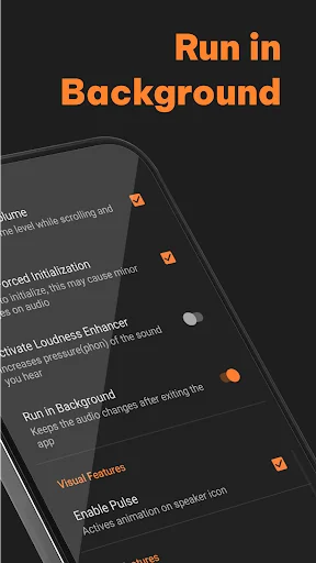 Run in Background settings with toggle switches to enable bass processing while using other mobile apps