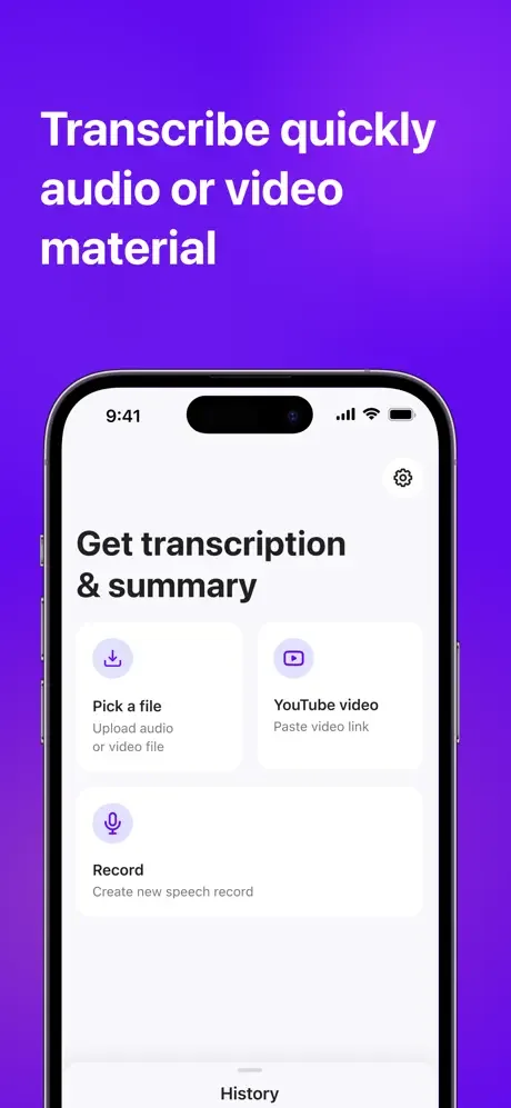 Sum AI home screen with three transcription methods: upload audio/video file, paste YouTube link, or record speech directly