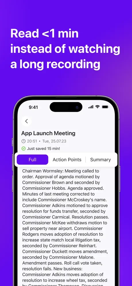 Transcript results view displaying full meeting notes with tabs for Action Points and AI-generated Summary highlights