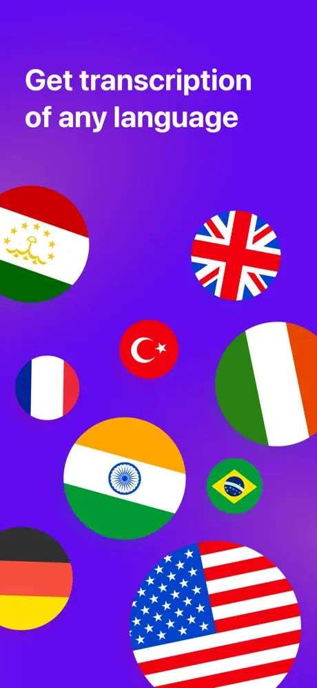 Sum AI multilingual support showing country flags for speech-to-text transcription services in multiple languages worldwide
