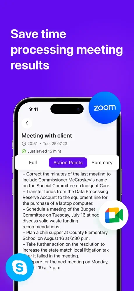 Meeting integration screen demonstrating Zoom and Google Meet app compatibility with AI-powered action point extraction