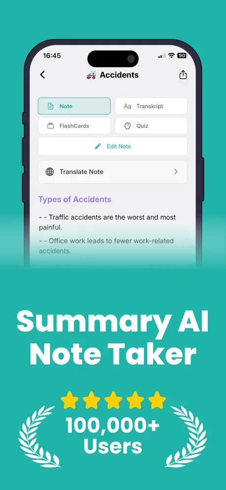 Sumato note showing Accidents topic with Note, FlashCards, Transcript, and Quiz tabs for comprehensive study assistance