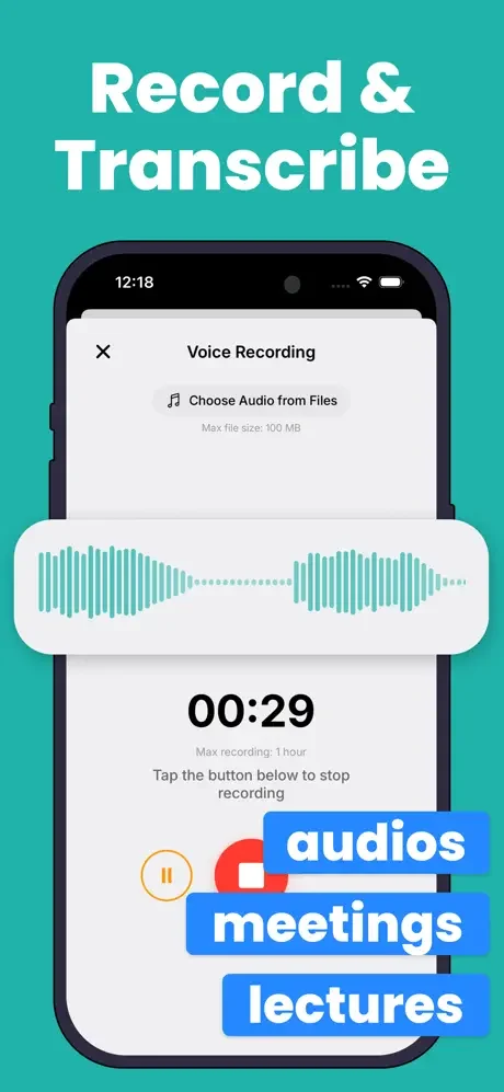 Voice recording interface displaying audio waveform and timer for transcribing lectures, meetings, and audio content