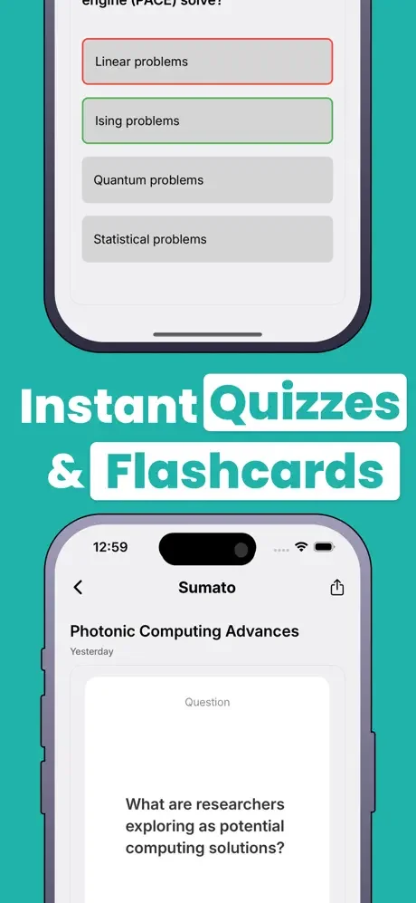 Sumato quiz interface with multiple-choice questions and flashcard study tools for exam preparation and learning