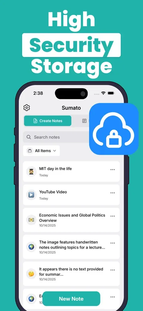 Sumato secure cloud storage showing encrypted note protection with organized list of study notes and documents