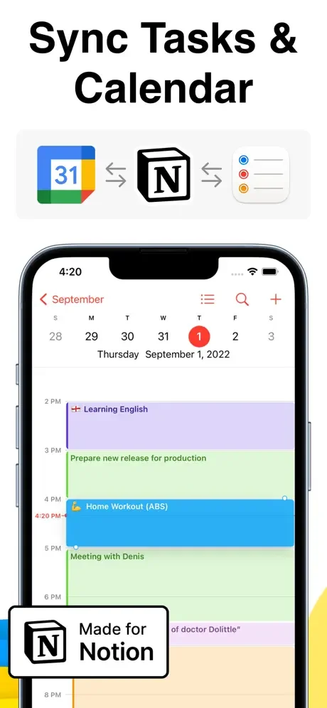 Calendar integration syncing tasks with time-blocked scheduling by projects and categories