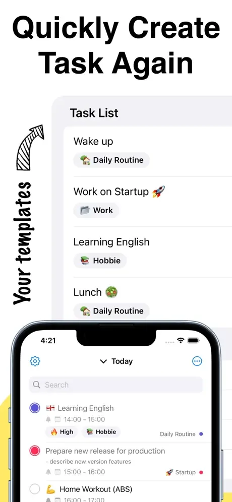 Task templates feature enabling quick creation of recurring tasks and daily routines