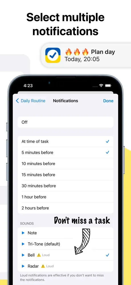 Notification settings with timing options and customizable alert sounds for task reminders