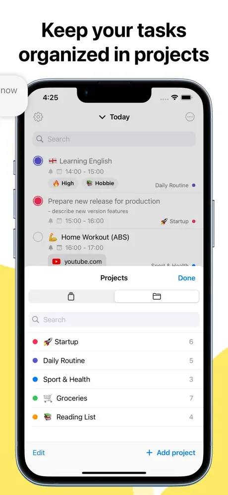 Projects section organizing tasks into categories including Startup, Daily Routine, and Groceries