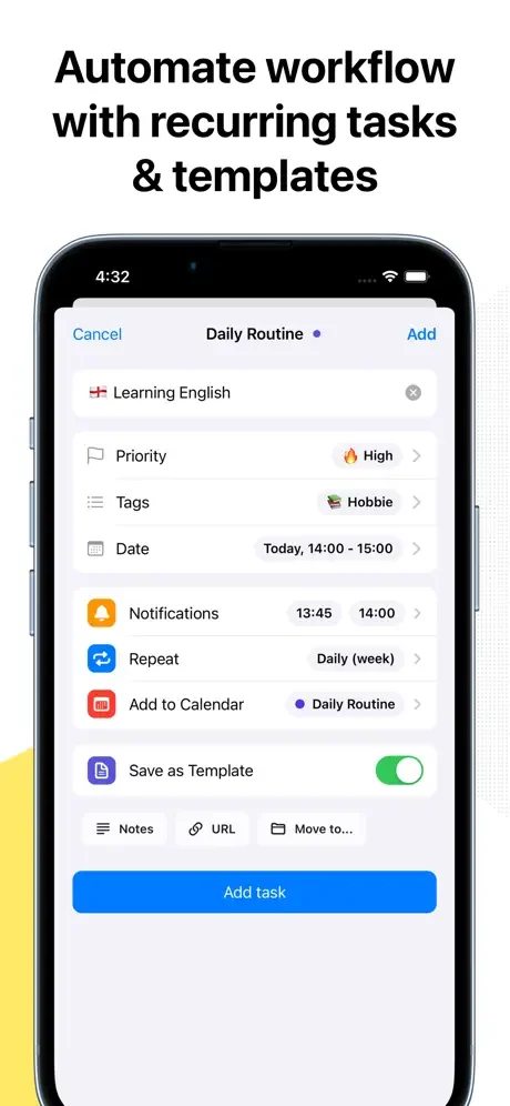 Task creation interface with priority, tags, scheduling, repeat, notifications, and template options