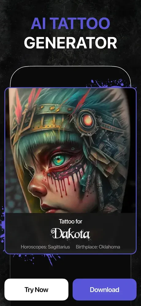 AI-generated cyberpunk tattoo design preview personalized with user horoscope and download option