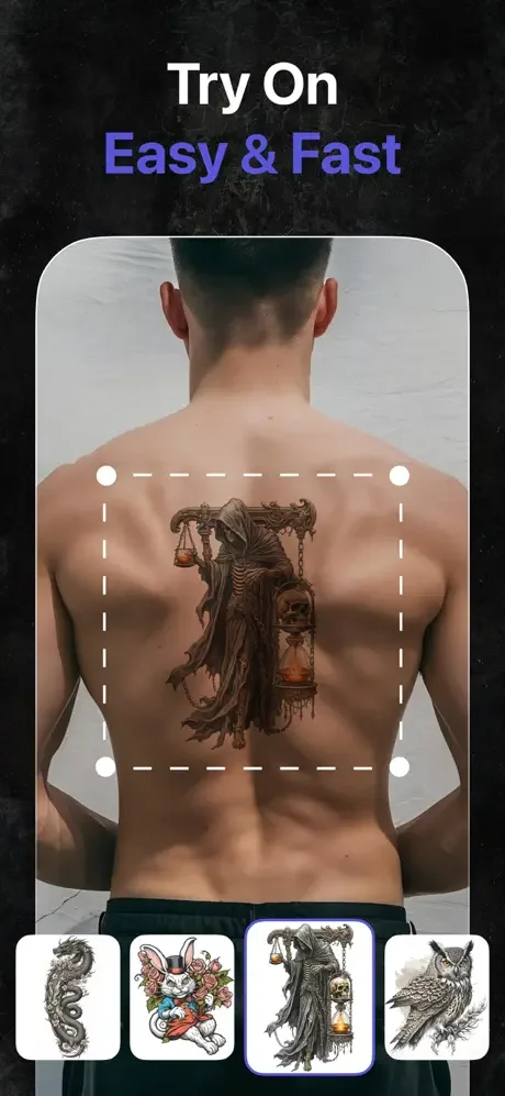 Virtual tattoo try-on tool showing back placement of dark reaper design with gallery of alternatives