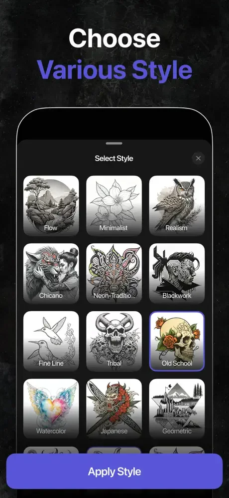 Tattoo style selection menu with 12 art styles including realism, tribal, watercolor, and blackwork