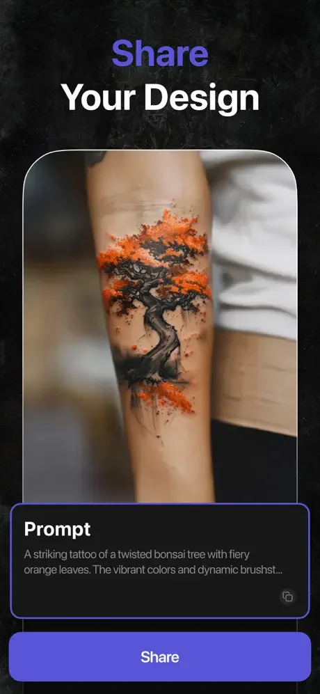 Tattoo design share screen showing realistic bonsai tree tattoo preview on skin with AI-generated prompt description