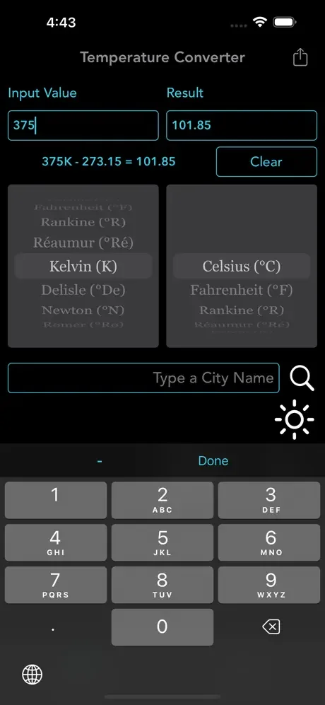 Temperature converter numeric keypad input interface for entering Kelvin values with Done button and calculator functionality