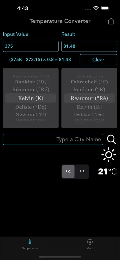 Kelvin to Réaumur temperature conversion showing 375K equals 81.48°Ré with unit selection and calculation displayed