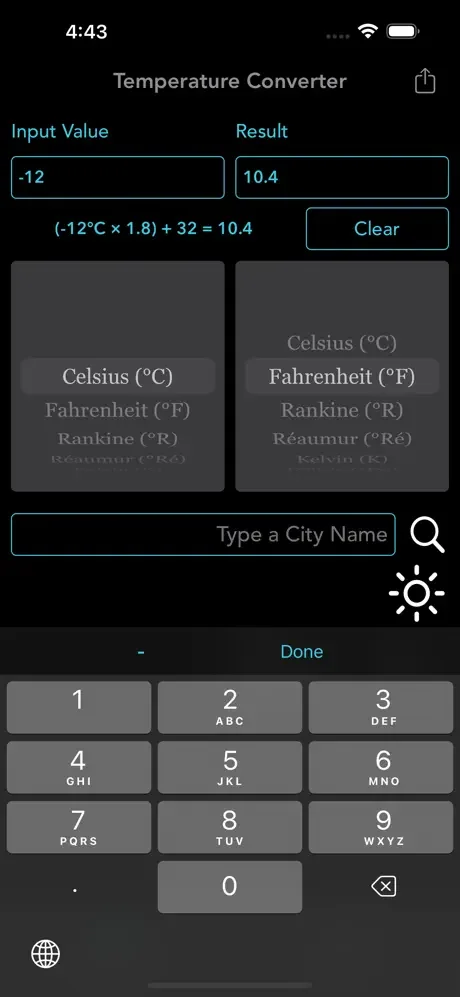 Negative Celsius temperature conversion on temperature converter app with -12°C to 10.4°F and numeric input keypad