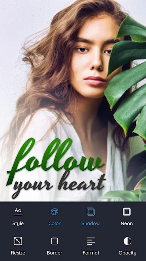 Text editing toolbar with Style, Color, Shadow, Neon and Resize, Border, Format, Opacity options for customizing photo text