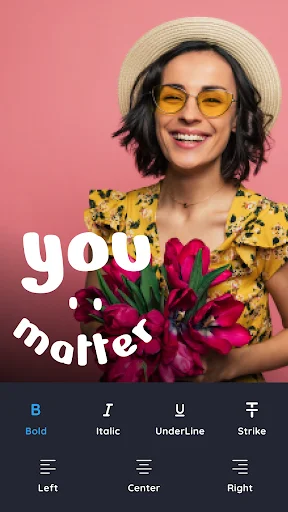 Text formatting controls with Bold, Italic, Underline, Strike options and Left, Center, Right alignment for photo text styling