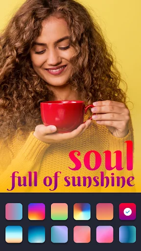 Color palette interface with gradient and solid color swatches for customizing text colors in the photo text editor