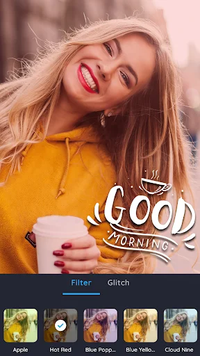 Filter effects interface showing preview thumbnails including Apple, Hot Red, and Blue Poppy filters for editing photos