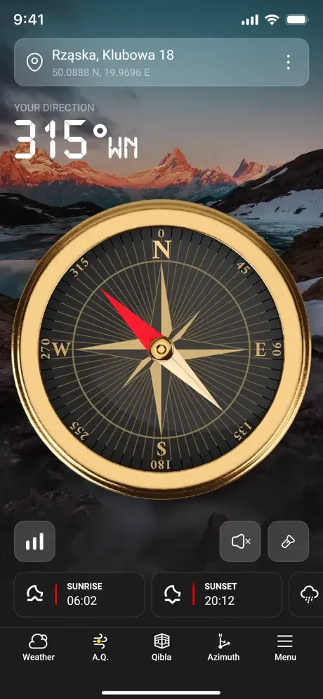 GPS compass with cardinal directions, 315° northwest bearing, location coordinates, and sunrise/sunset times displayed