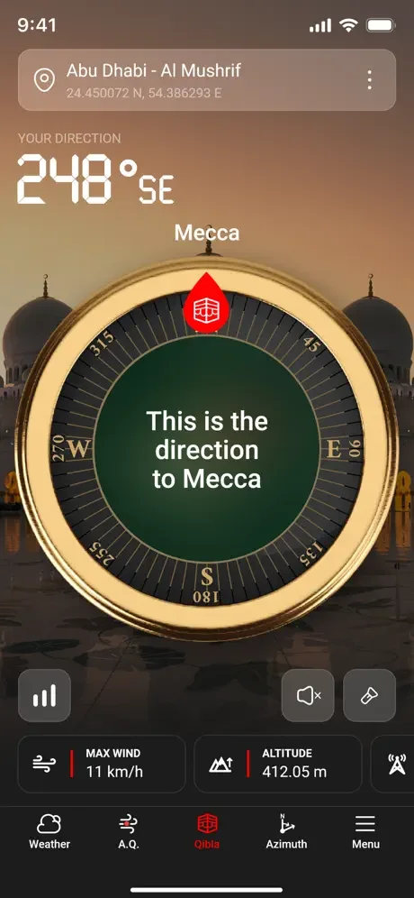 Islamic Qibla compass showing 248° southeast direction to Mecca from Abu Dhabi location with wind and altitude data