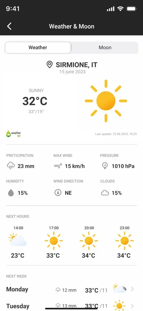 Weather forecast interface with current conditions, hourly temperatures, and weekly outlook for Sirmione, Italy location